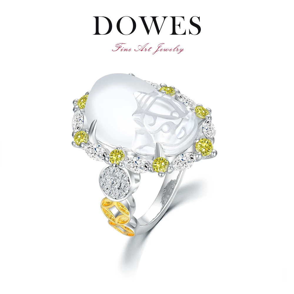 DOWES天然石英质玉水沫子银镶嵌白色貔貅时尚戒指