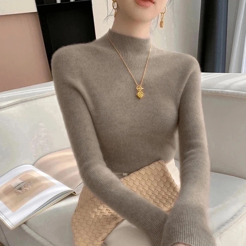 【18针精纺黑科技】半高领针织衫女2024秋冬显瘦毛衣套头打底衫内搭