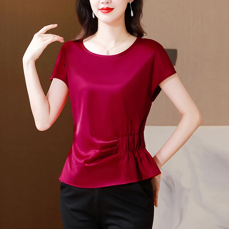 高端醋酸缎面上衣正肩显瘦衬衫贵夫人时尚上衣遮肚收腰上衣女