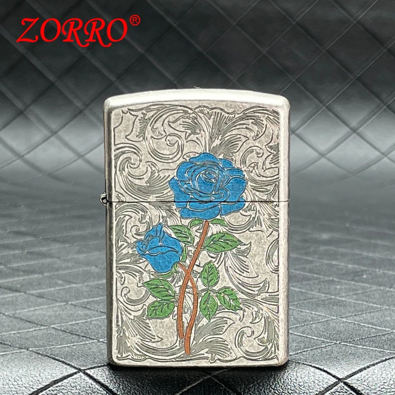 ZORRO佐罗正品新款古银蓝玫瑰彩绘煤油打火机创意防风个性送男友