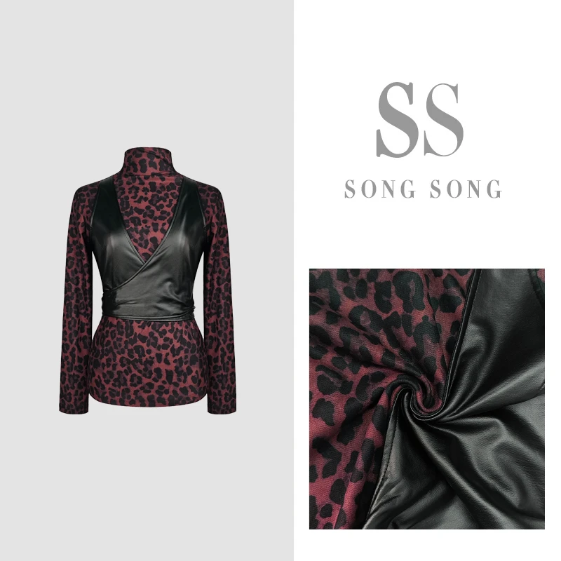 SONG-【典雅风范】原创冬款红色假两件豹纹拼接高领显瘦长袖上衣