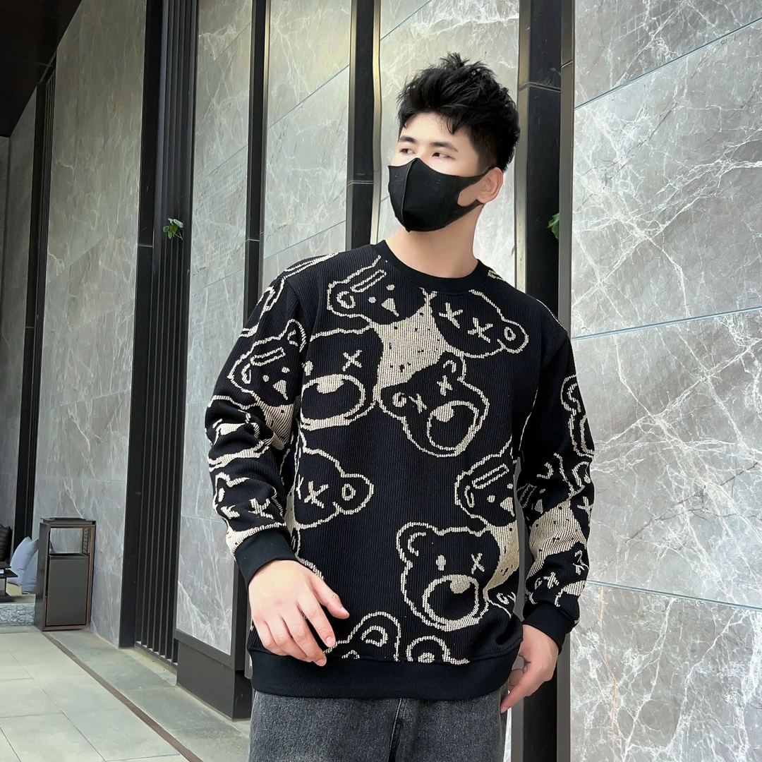 大码男装加绒卫衣时尚潮流小熊卡通毛衣针织圆领冬季百搭韩版