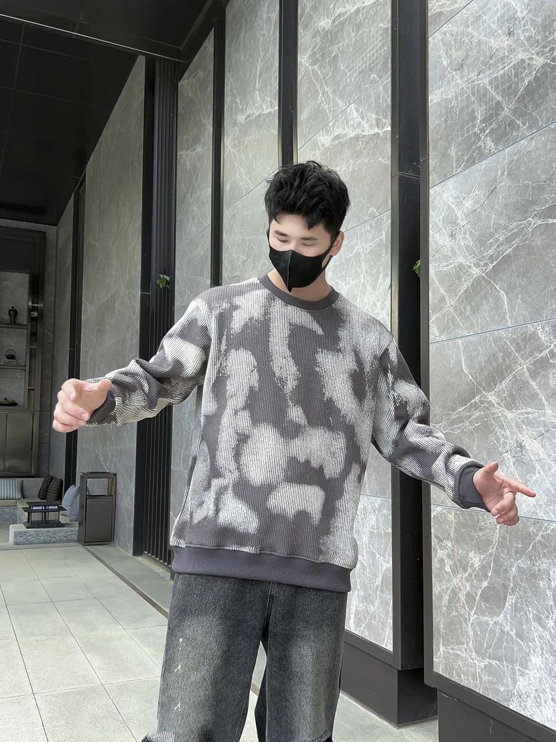 大码男装加绒卫衣时尚潮流迷彩毛衣针织圆领冬季百搭韩版