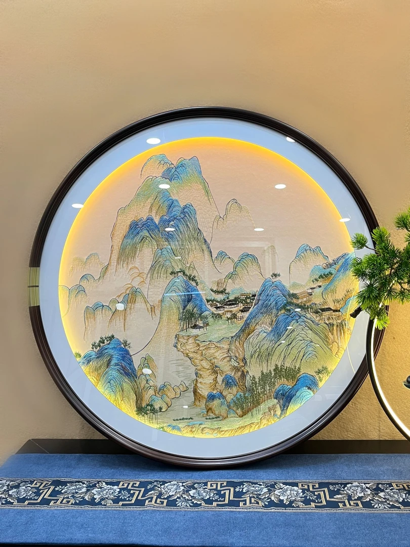 织锦绣千里江山餐厅画新中式客厅饭厅装饰画圆形实木高端绣成品画