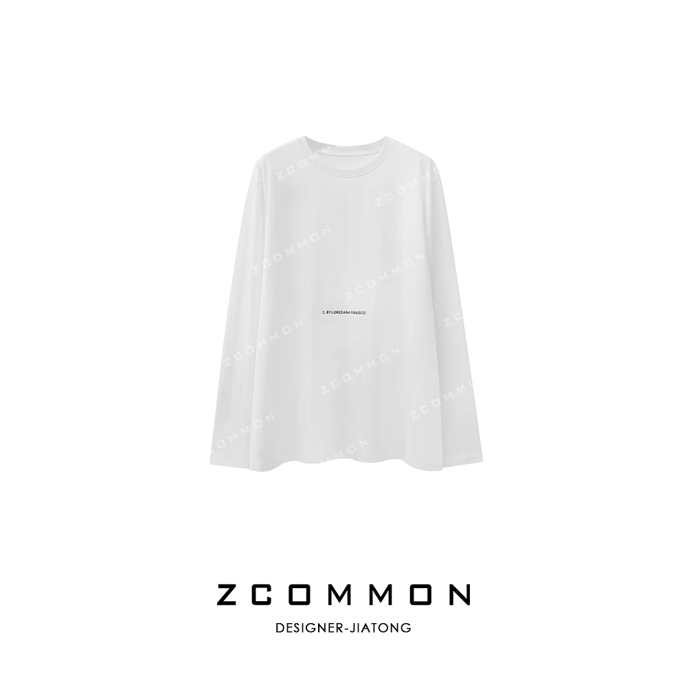 JAVLCOCE/娇可可长袖白色宽松圆领印花T恤简约纯色长款 2402064