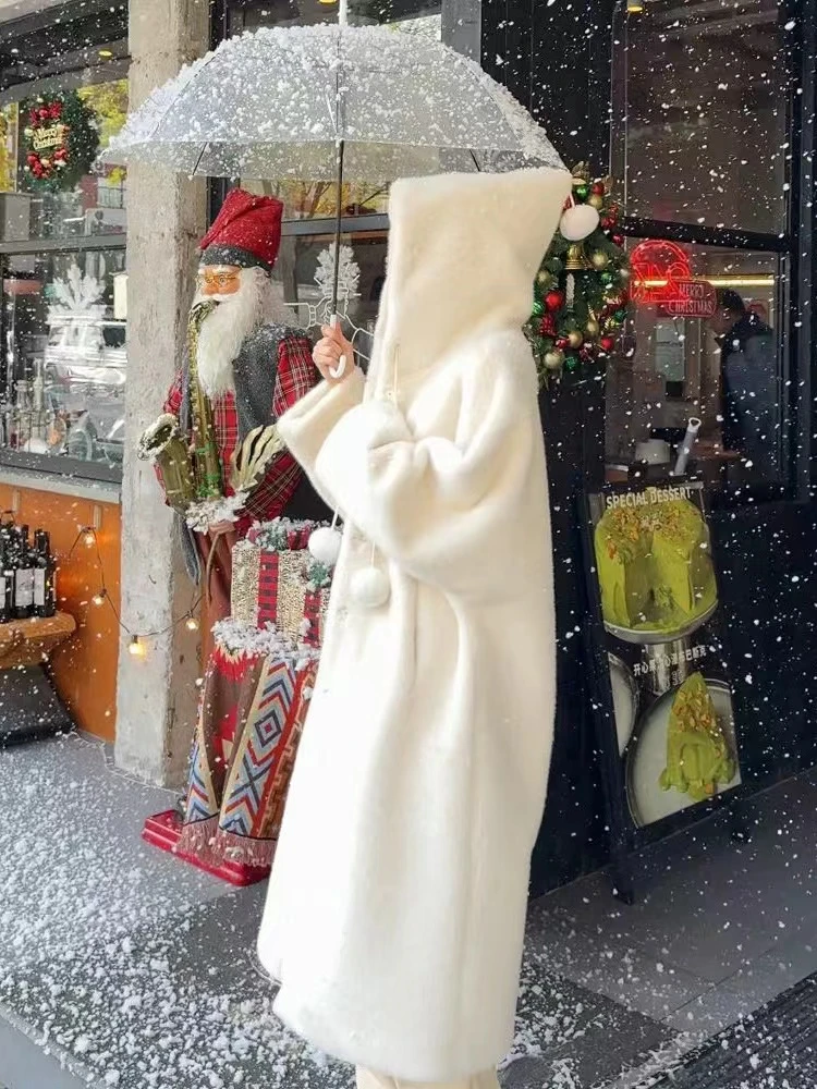 女巫师帽冬季新款连帽大衣慵懒宽松时尚女款百搭长款毛毛外套网红