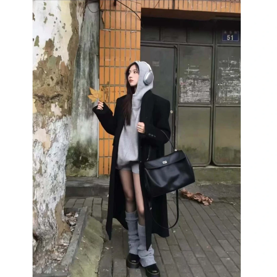 2025秋冬季新款气质韩版大衣时尚有垫肩直筒夹棉加厚毛呢大衣外套