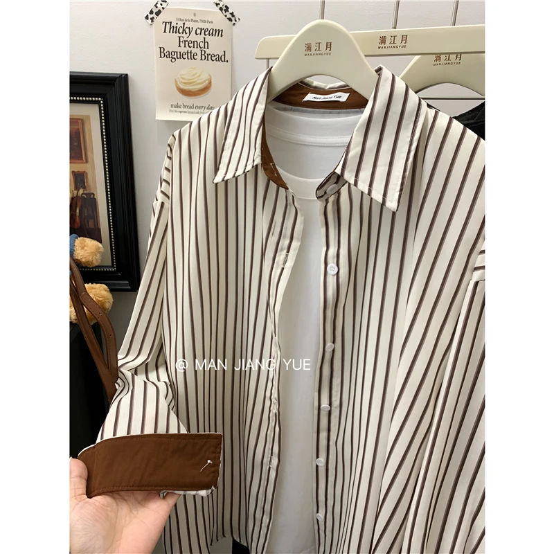 秋季新款港味条纹衬衫女长袖设计感复古叠穿打底衬衣韩版时尚休闲