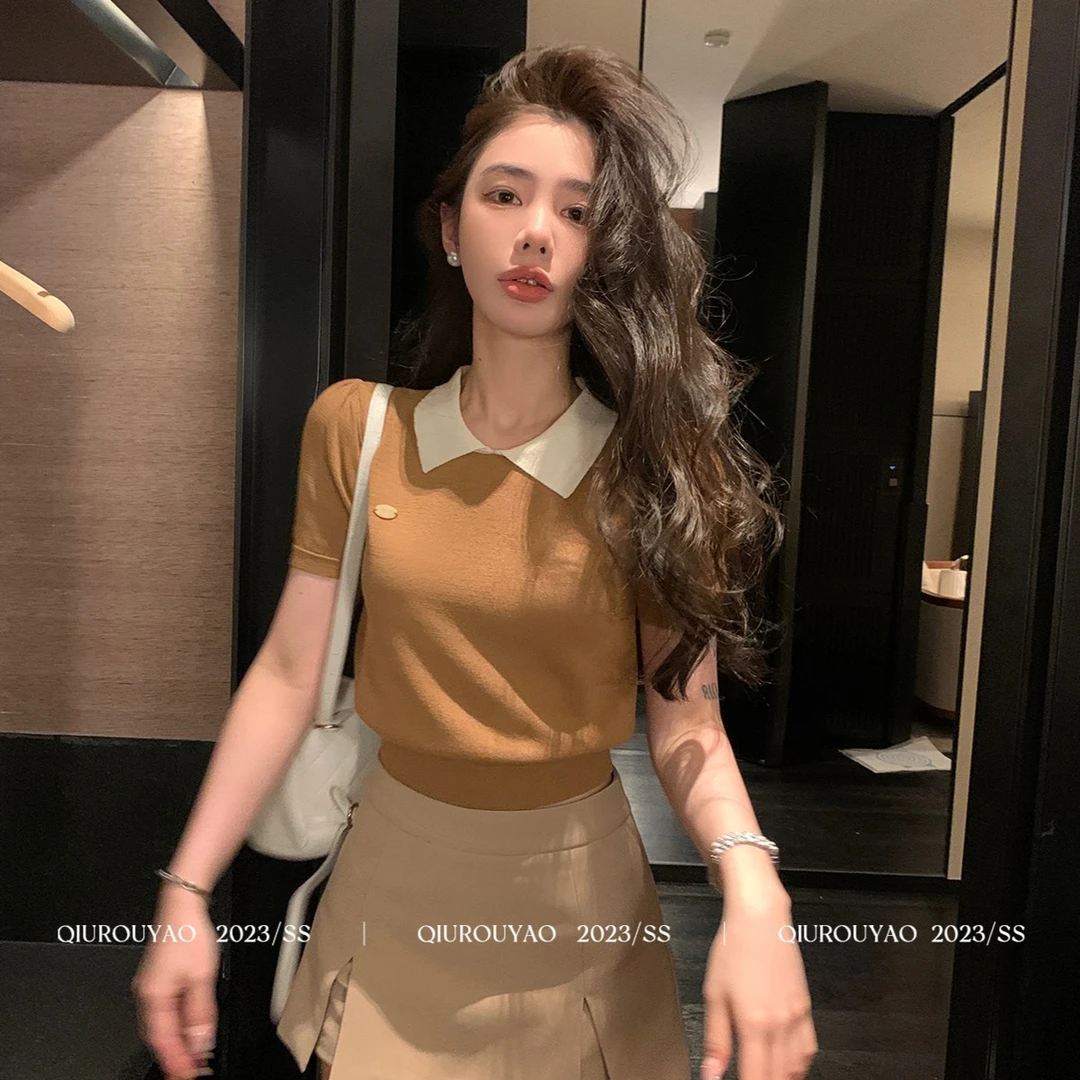邱肉瑶非正式学姐*轻减龄polo衫女夏短袖t恤新款小个子学院风上衣