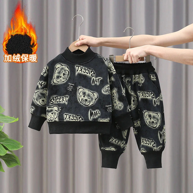男童加绒套装加厚一体绒半高领卫衣痞帅洋气帅气男孩时尚两件套