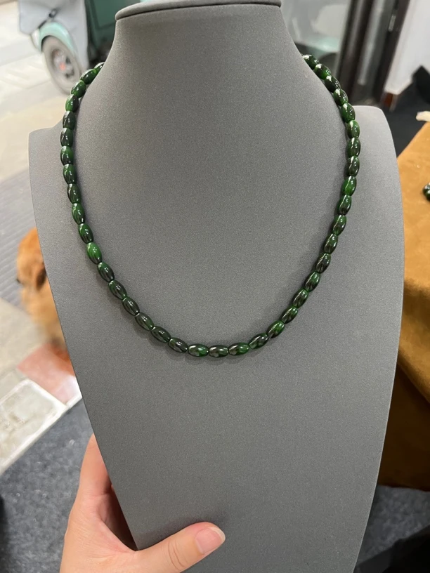 和田玉 碧玉老坑料 菠菜绿 米珠 项链