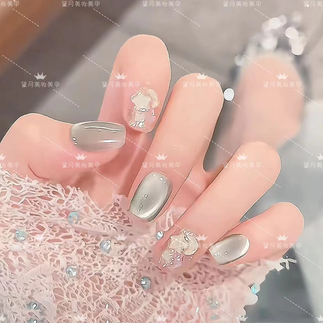 青缇奶绿纯手工光疗美甲贴果冻贴片指甲穿戴甲美白简约梯形