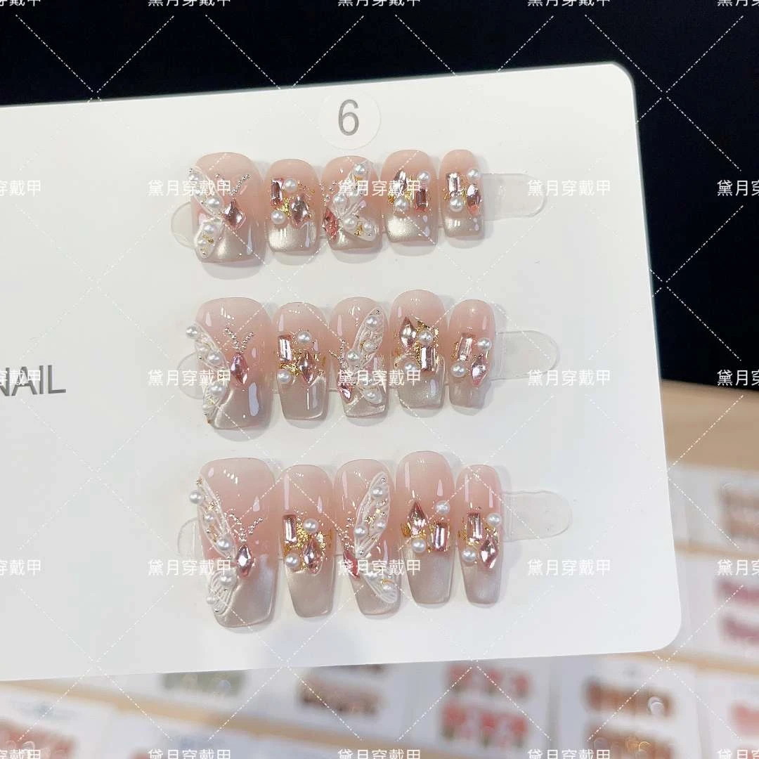 蝶恋月光纯手工光疗美甲贴果冻贴片指甲穿戴甲美白简约梯形