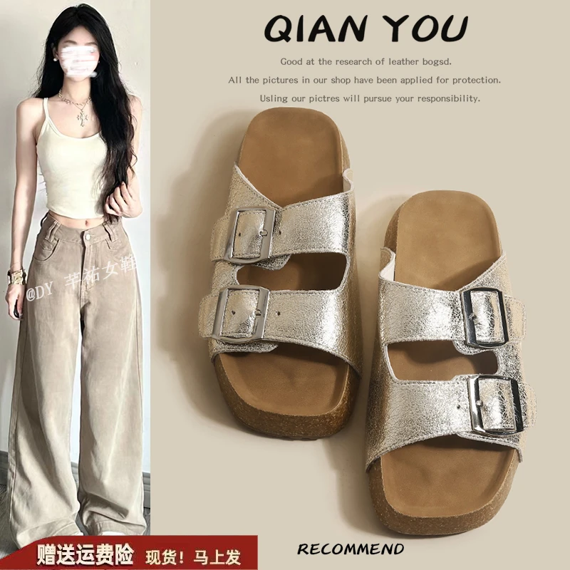 勃肯鞋厚底拖鞋女夏季外穿2024新款法式懒人一字带平底双排凉拖鞋