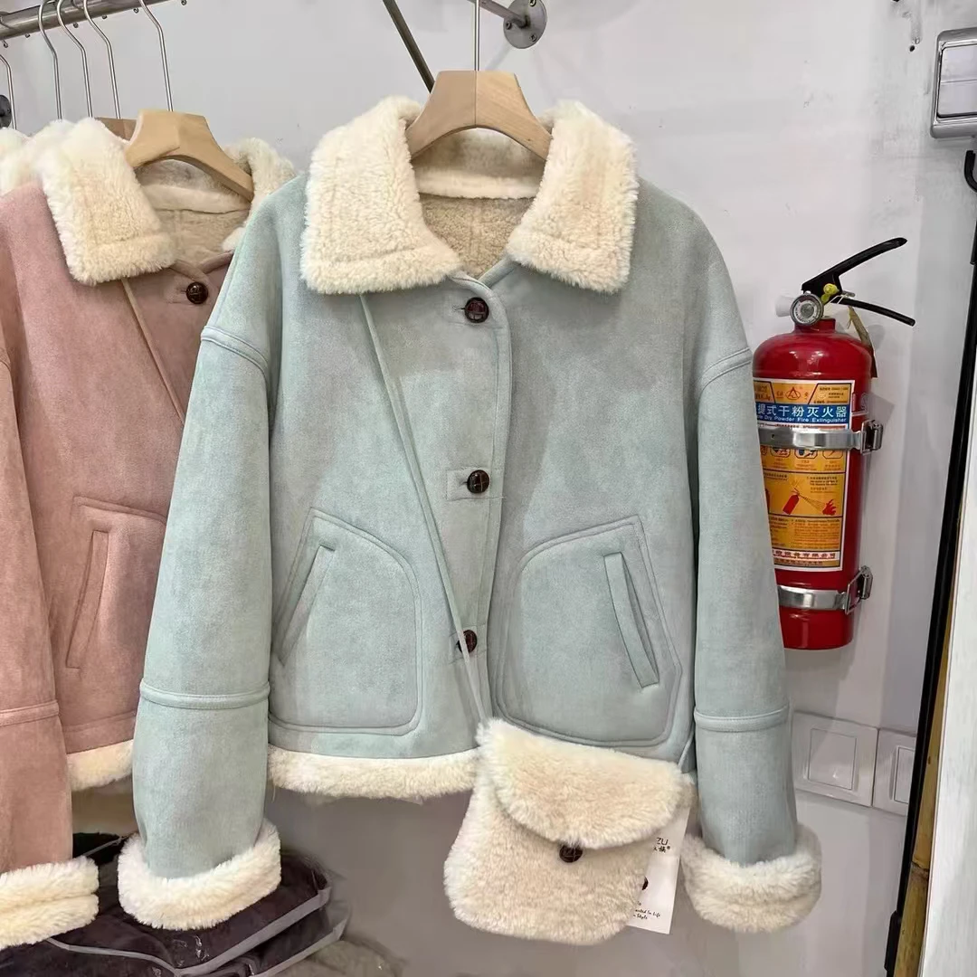 韩系复古翻领皮毛一体外套女加厚保暖时尚百搭上衣