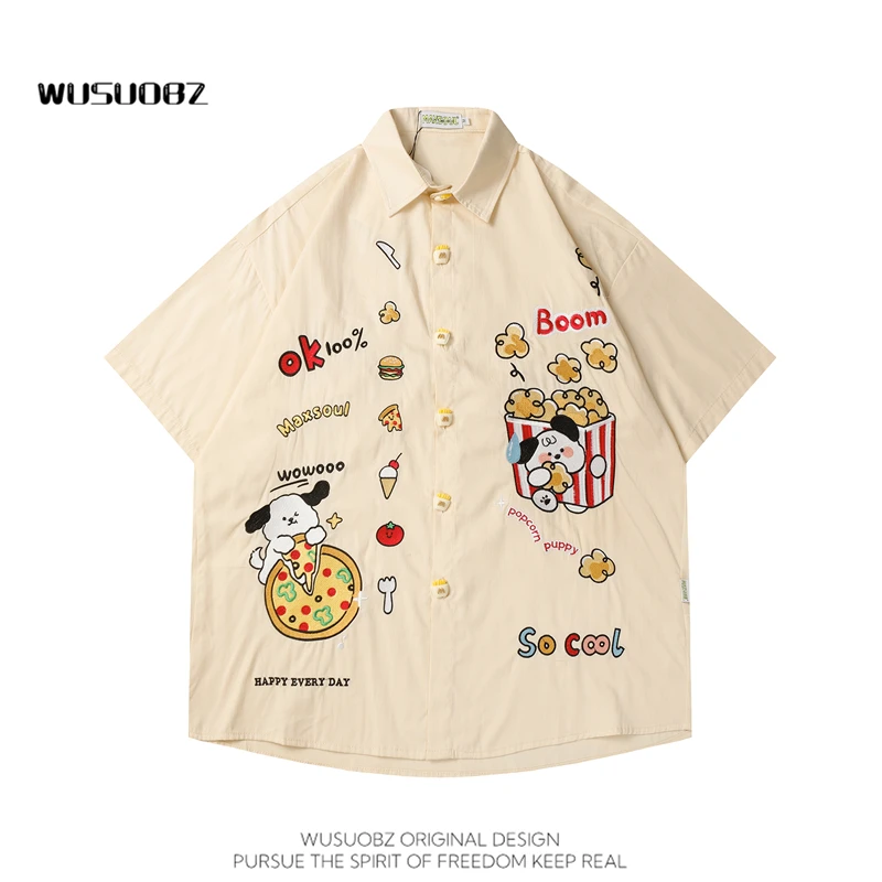 WUSUOBZ 童趣可爱爆米花刺绣短袖衬衫女夏季大码宽松百搭情侣上衣