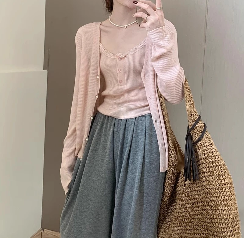 现货】韩系花边吊带两件套2025春季新款甜美简约针织衫设计感D1-11