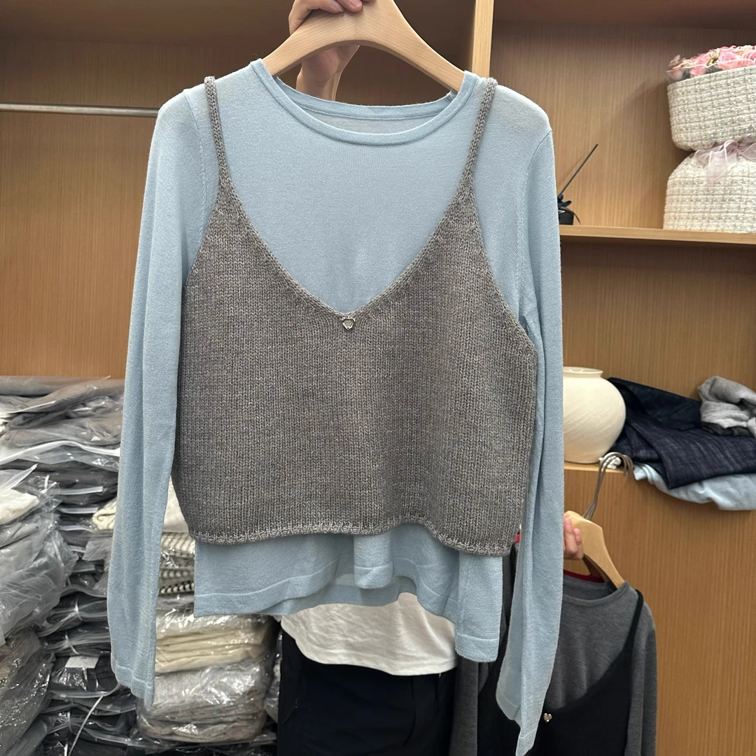 现货】圆领纯色打底背心马甲叠穿两件套2025春新针织背心女8101