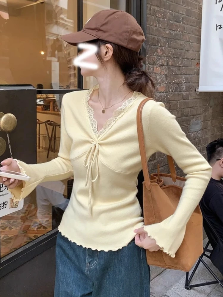 纯欲蕾丝V领系带长袖针织衫女2025秋季新款修身内搭打底上衣8019