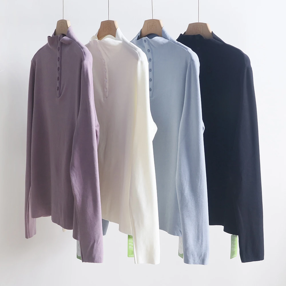 冬季半高领盘扣绒绒打底衫 百搭纯色显瘦保暖长袖T恤上衣 112TK