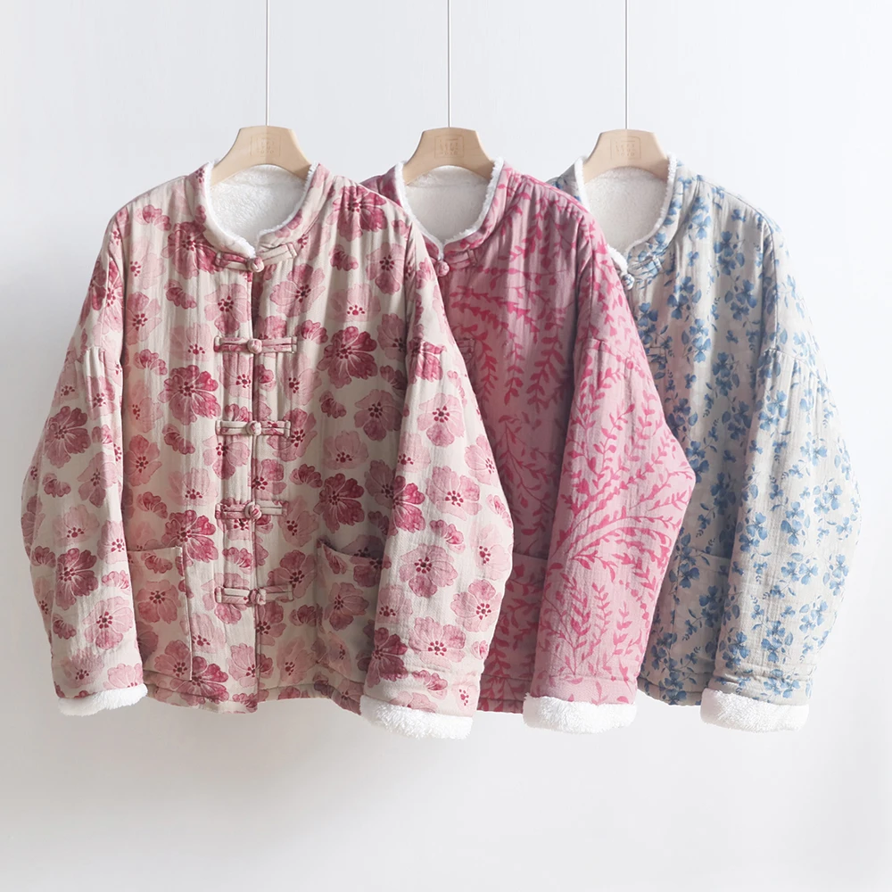 新中式提花盘扣加绒棉衣 冬季口袋宽松立领加厚棉服外套 4SP299B