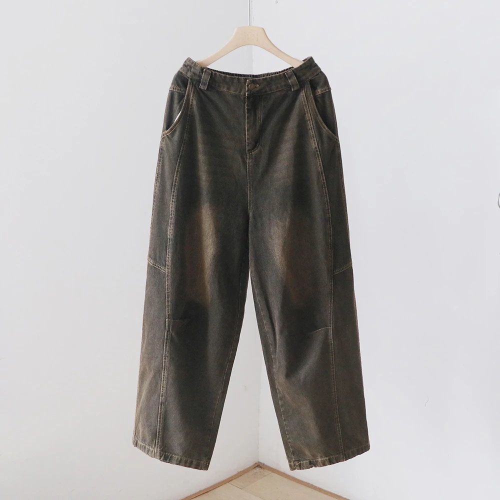 秋季新款复古水洗牛仔裤 设计感压褶阔腿裤显瘦长裤拖地裤 170