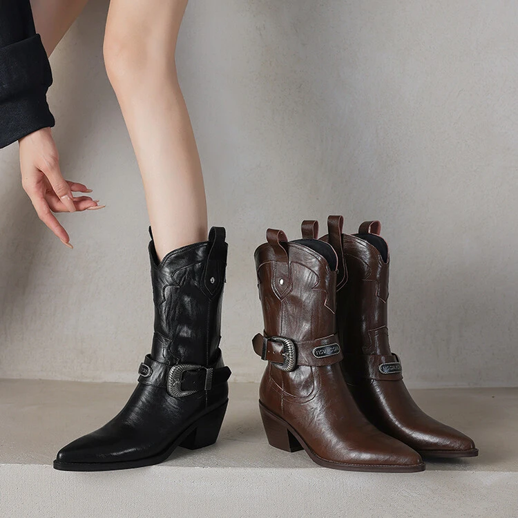 牛皮6MM 时尚百搭真皮粗跟高跟骑士英伦风秋冬季巨好穿