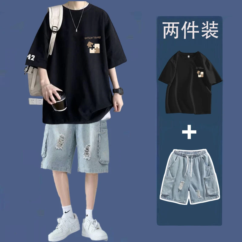 日系潮牌纯棉短袖T恤男士夏季帅气青少年套装潮流百搭破洞五分裤