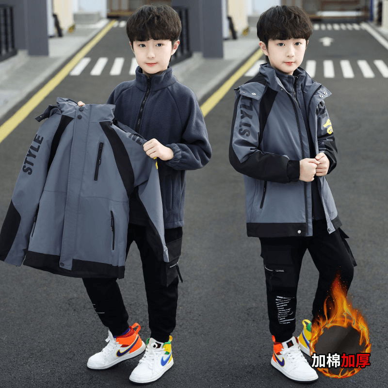 男童冲锋衣三合一可拆卸2023新款秋装洋气大童儿童秋冬加厚外套潮