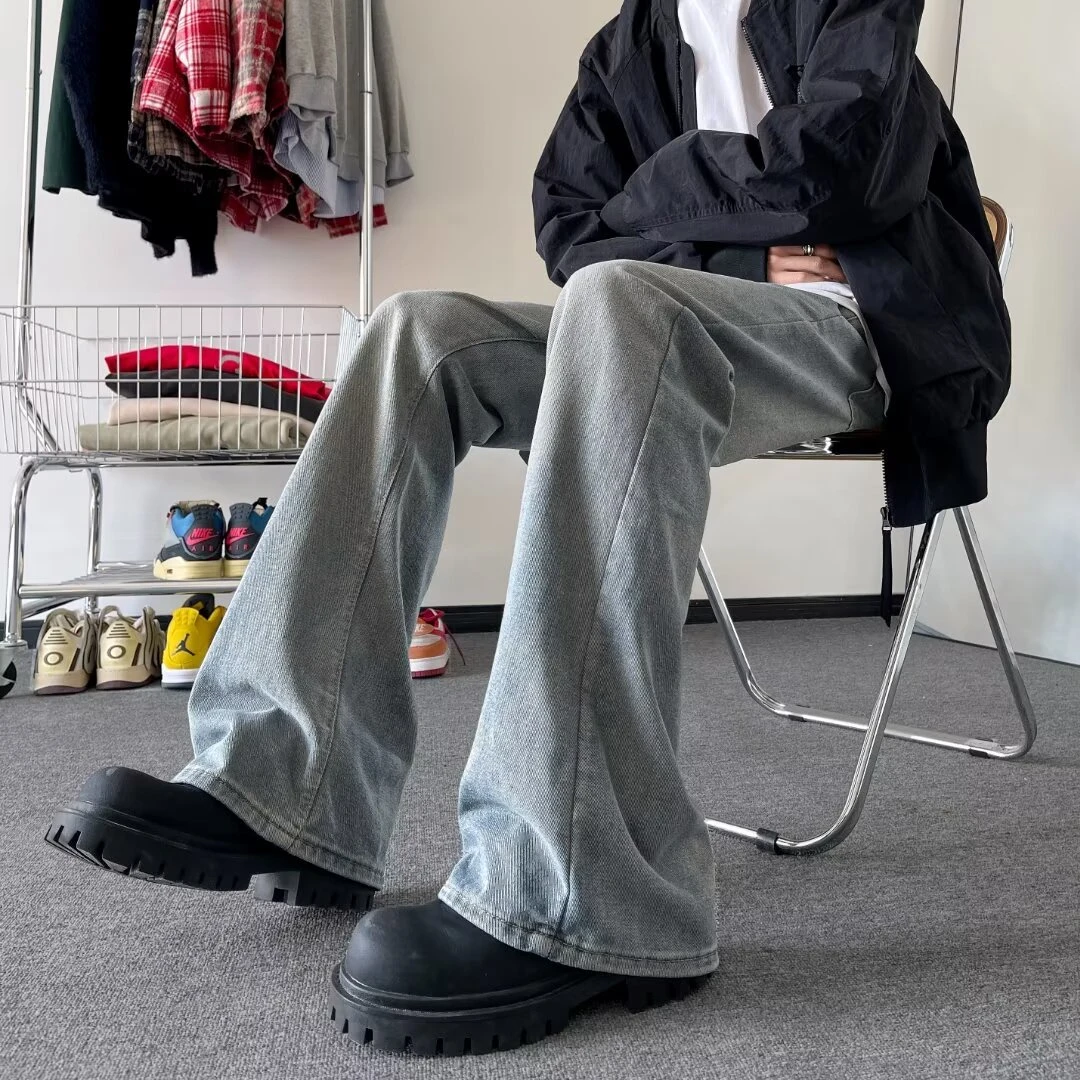 高腰潮牌水洗做旧牛仔裤男夏季薄款宽松微喇叭长裤简约百搭运动裤