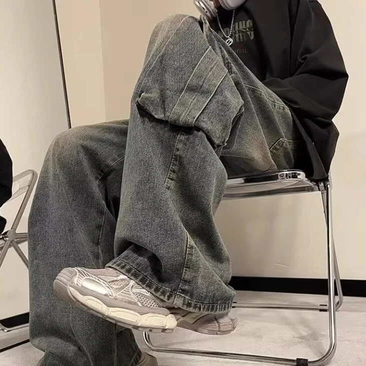 美式高街多口袋工装牛仔裤男春秋夏季新款宽松直筒阔腿男生长裤子
