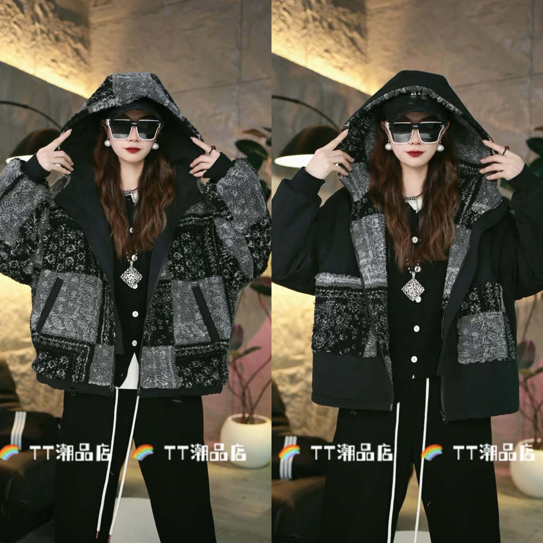 【TT潮品】冬季新款时尚高级保暖百搭复古黑灰色两面穿外套8612A