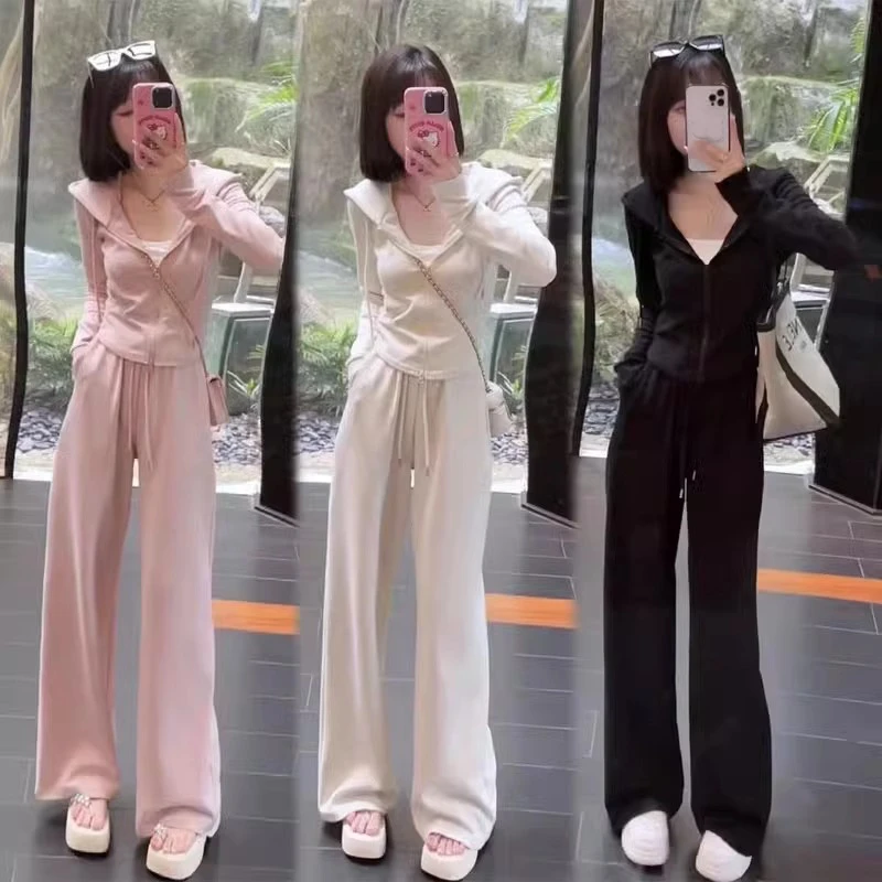 K1086休闲运动套装女秋新款高级感休闲连帽上衣阔腿裤搭配一整套