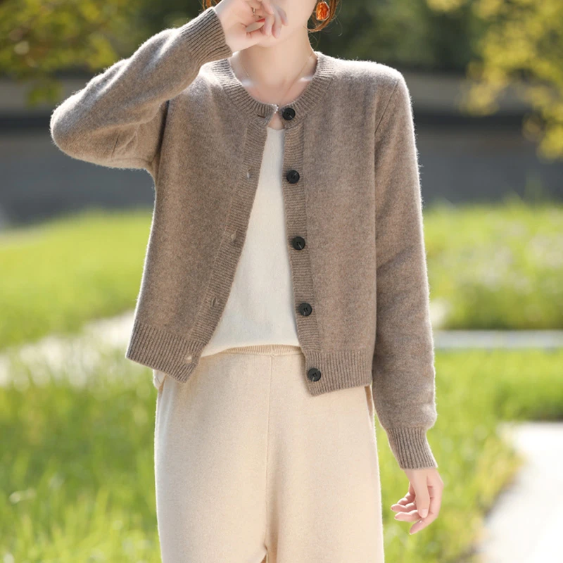 2024秋冬纯羊毛针织开衫女高腰圆领加厚毛衣外套小个子外穿羊毛衫