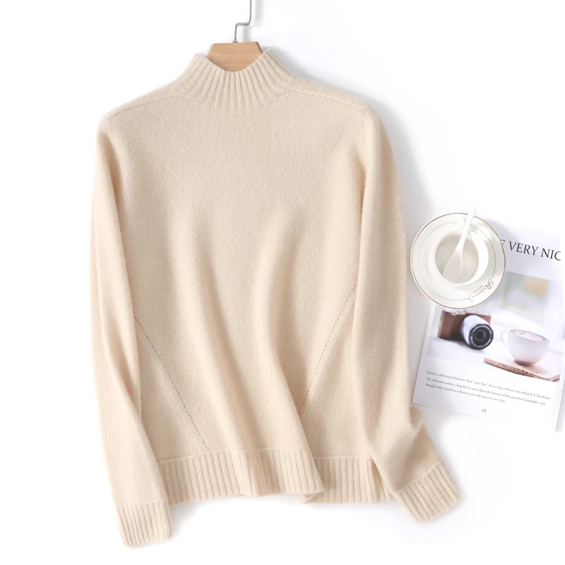 秋冬女士加厚半高领纯羊毛羊毛衫宽松时尚百搭长袖针织毛衣打底衫