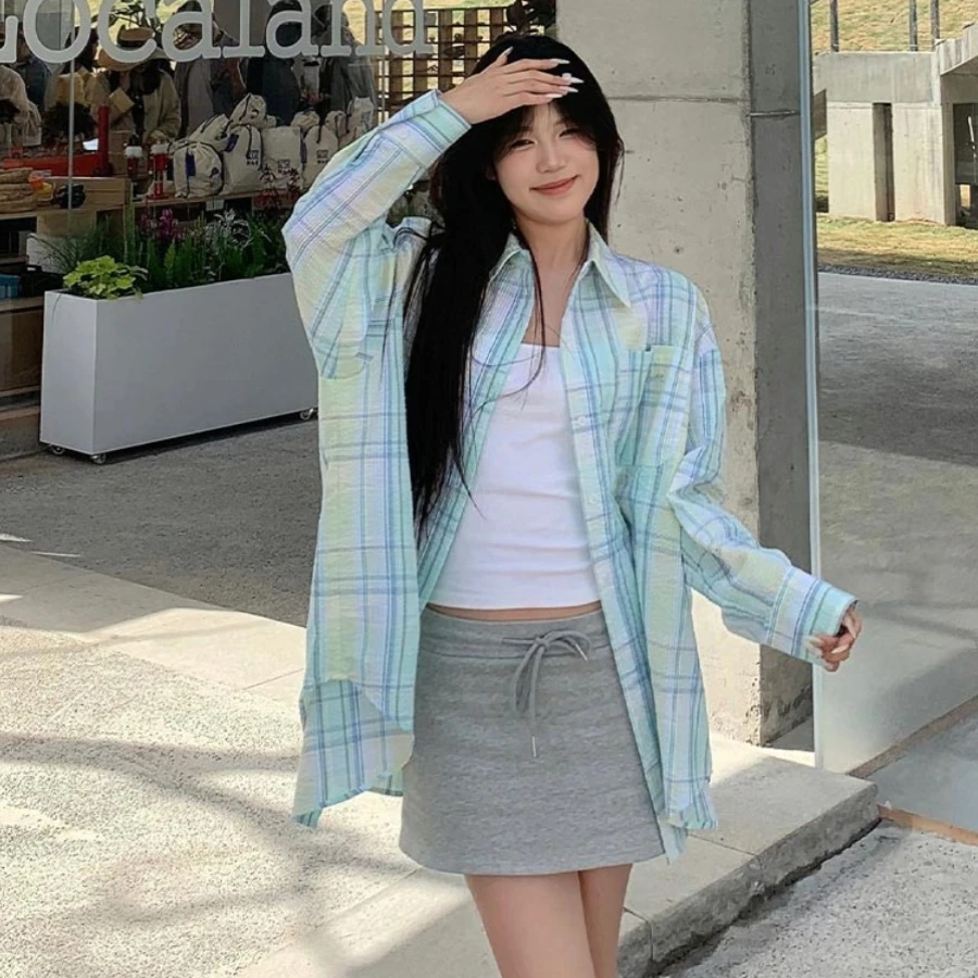 韩版蓝色格子薄款防晒衬衫外套女夏季设计感宽松慵懒港风百搭上衣
