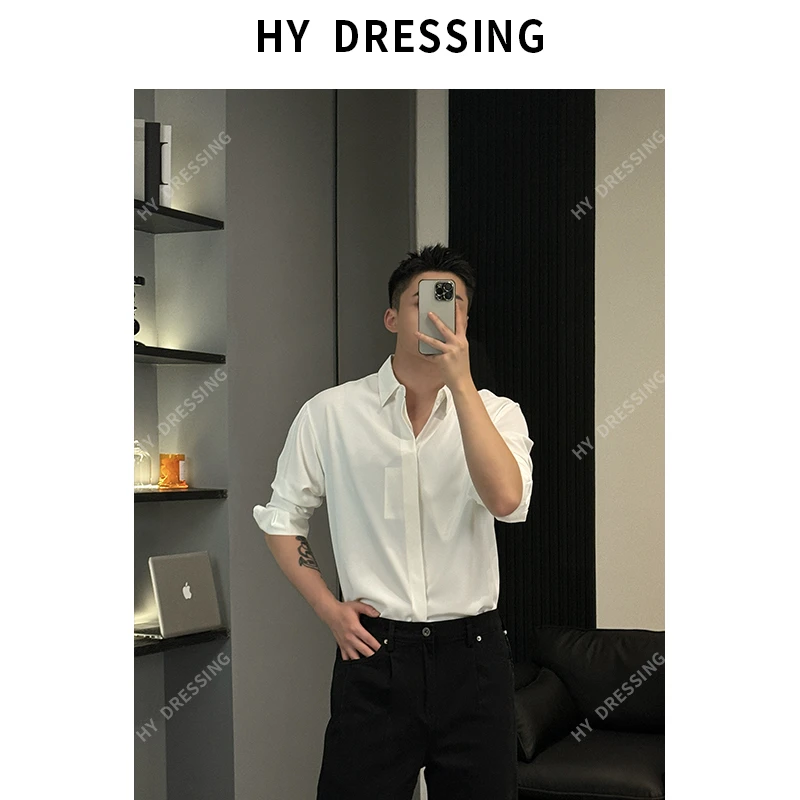 【HY穿搭】秋季新款长袖衬衫男青年宽松翻领抗皱免烫时尚衬衣男2123