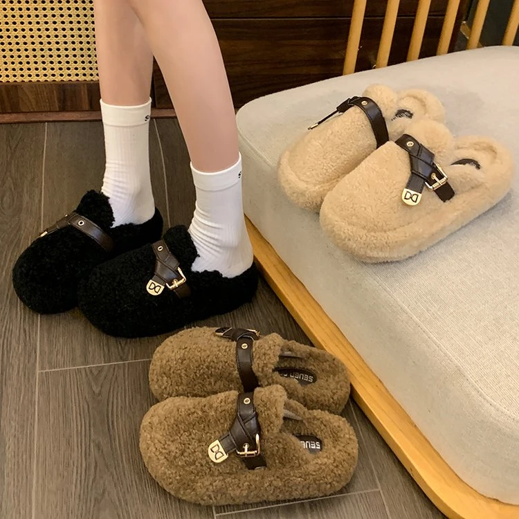 包头拖绒面厚底拖鞋网红时尚休闲软底加绒防滑高跟保暖秋冬季