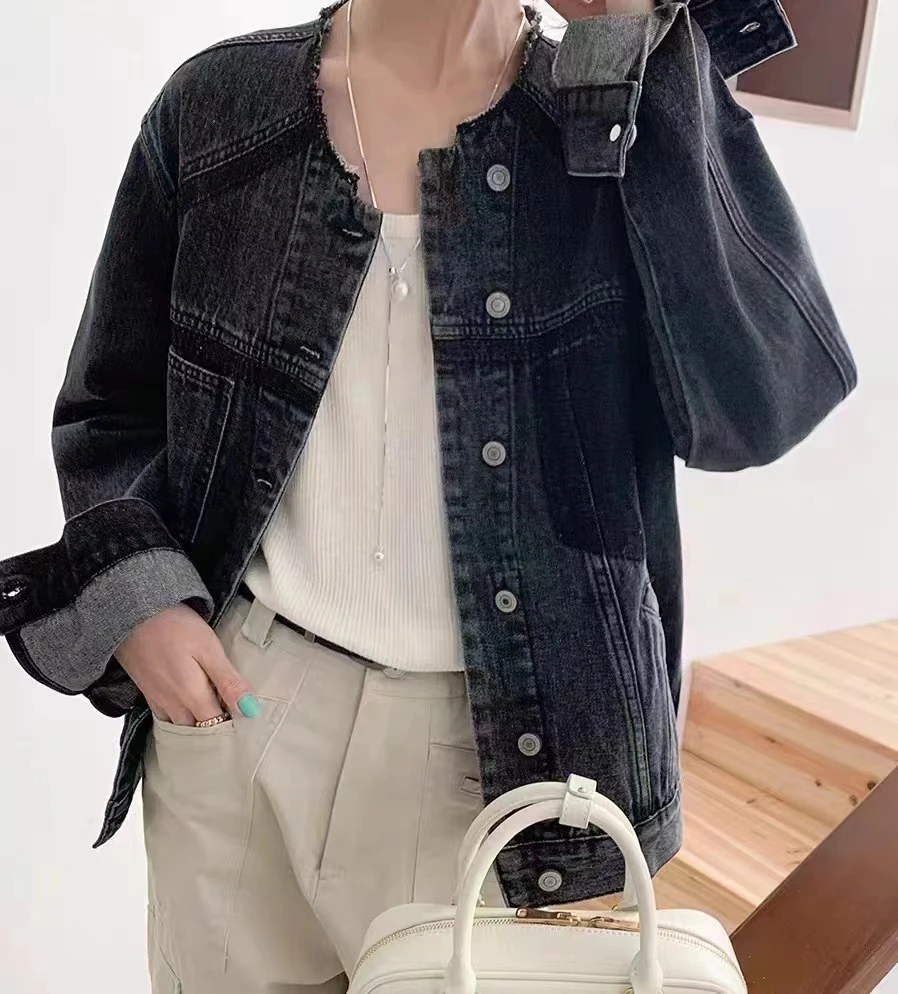 新款复古无领牛仔外套女休闲60123