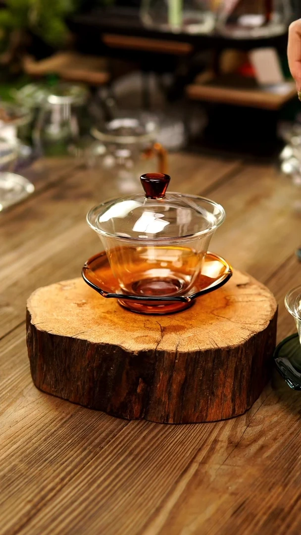 【闪购商品】玻璃茶具茶道用品—荷叶盖碗琥珀
