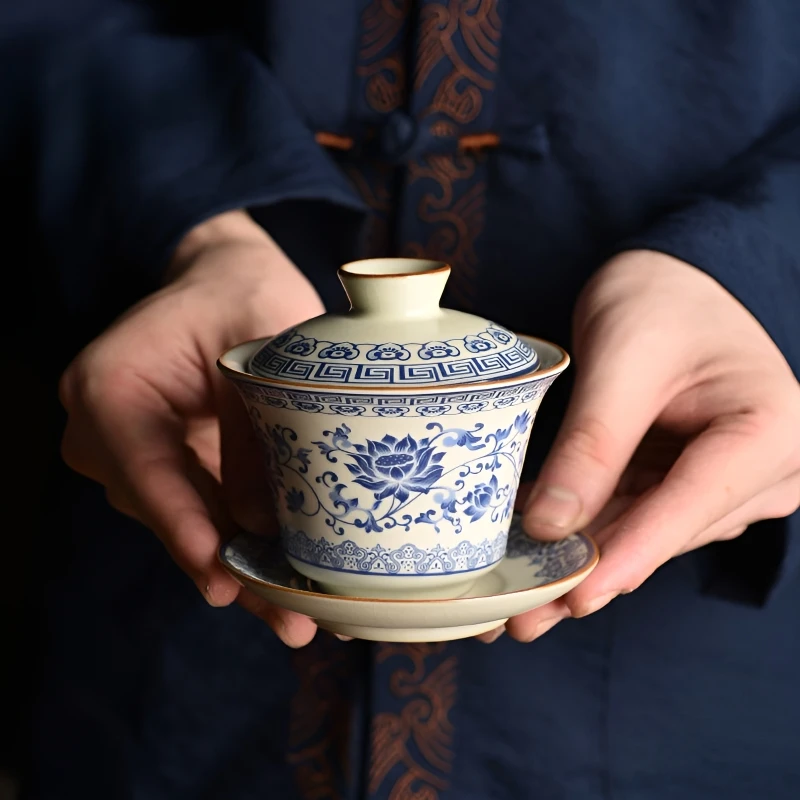 轻奢青花汝窑盖碗茶壶缠枝莲复古过可养中式贴花盖碗家用陶瓷茶具