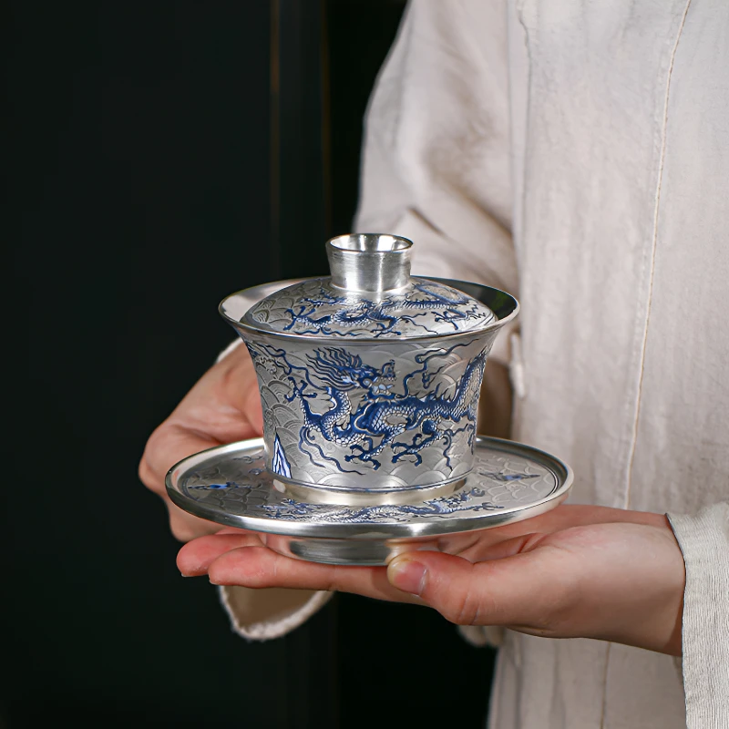 新款龙纹鎏银三才盖碗单个功夫泡茶碗中式家用泡茶器泡茶专用茶具