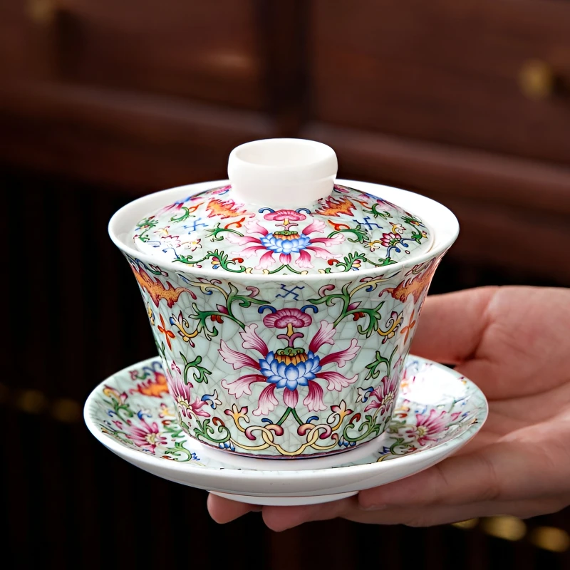 珐琅彩三才悬停盖碗茶杯家用泡茶器中式轻奢高档泡茶具功夫茶碗