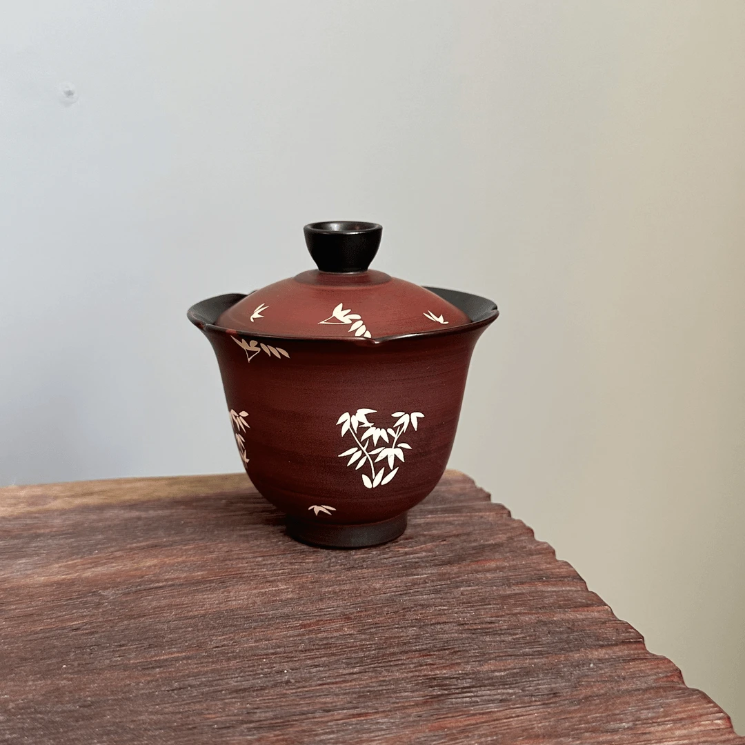 【粉引】手绘银竹花口盖碗.2420.山楂红泡茶器陶瓷茶具中式复古家用