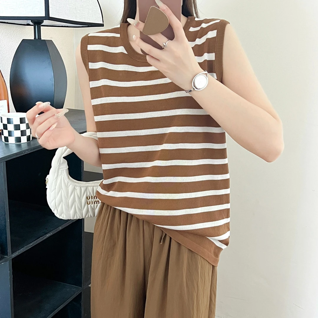 2024新款夏季时尚百搭透气韩版撞色显瘦优雅外穿圆领条纹针织背心
