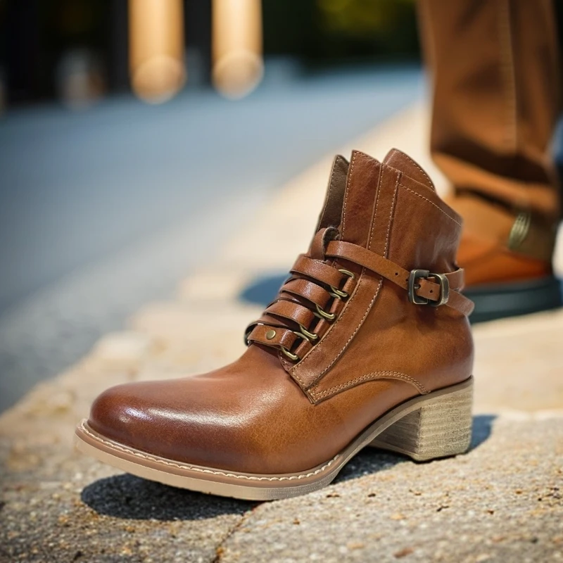 2022年秋季新款水洗马皮短靴时尚百搭休闲尖头粗跟靴子潮203-30