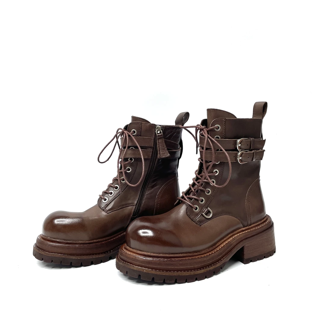 2025新款复古做旧水洗马皮厚底马丁靴女时尚粗跟系带短靴SW3330-1