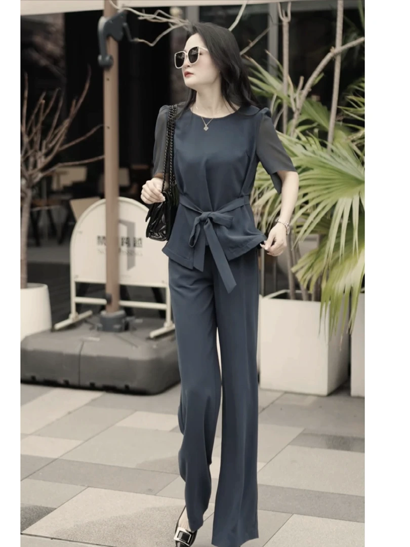 气质优雅洋气女士夏季短袖黑色套装修身时尚轻奢套裤胖瘦都能穿