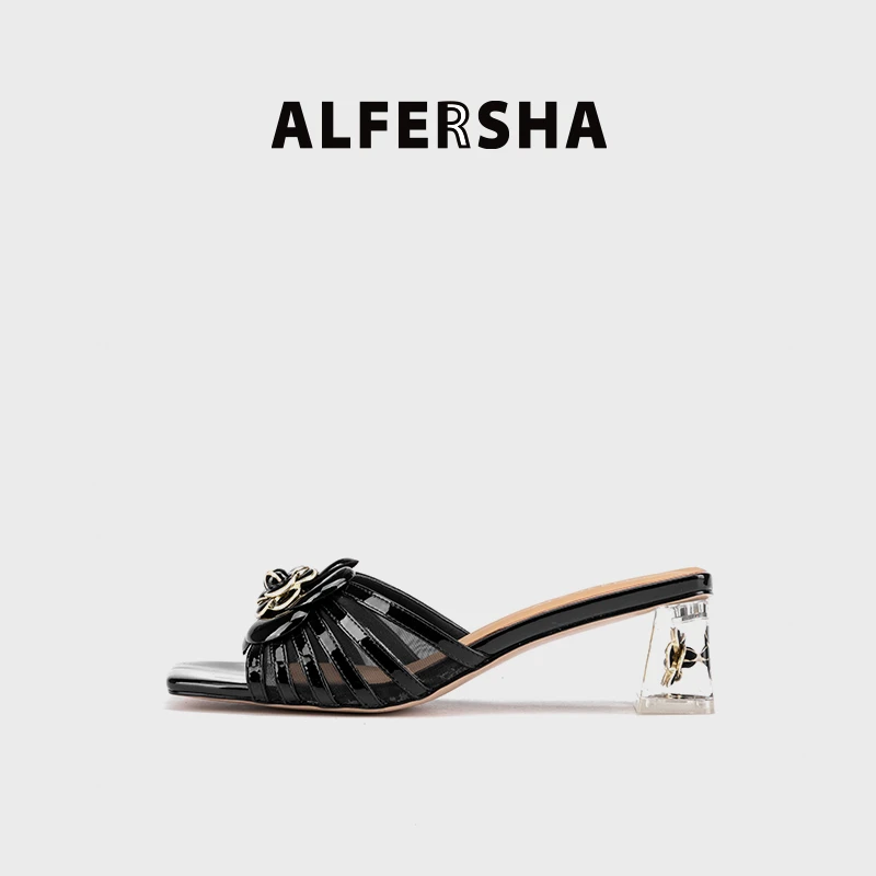 2025春款四季单鞋阿芙莎9688698山茶花凉鞋露趾水晶方跟凉拖鞋D