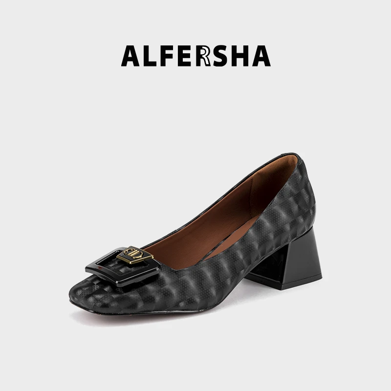 2025春款黄奕代言阿芙莎261993时尚百搭金属扣粗跟方头单鞋